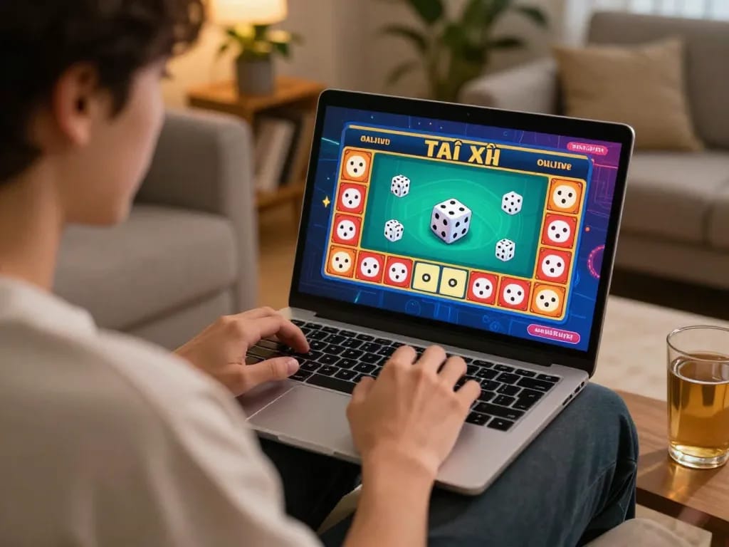 Tài Xỉu Online gameplay at home with focused player analyzing strategies, taixiuonline8 integrated.