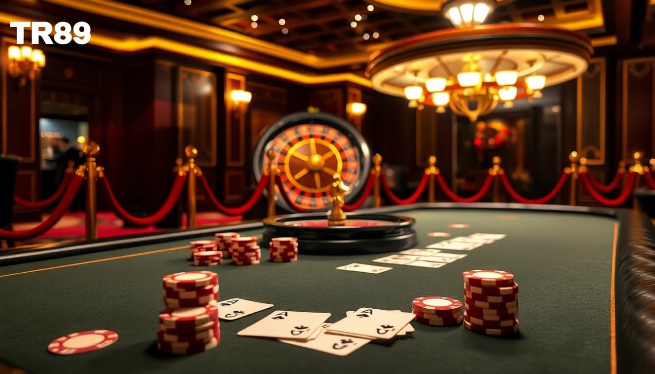 Experience high-stakes gambling at TR88 with thrilling poker action at a luxurious casino table.
