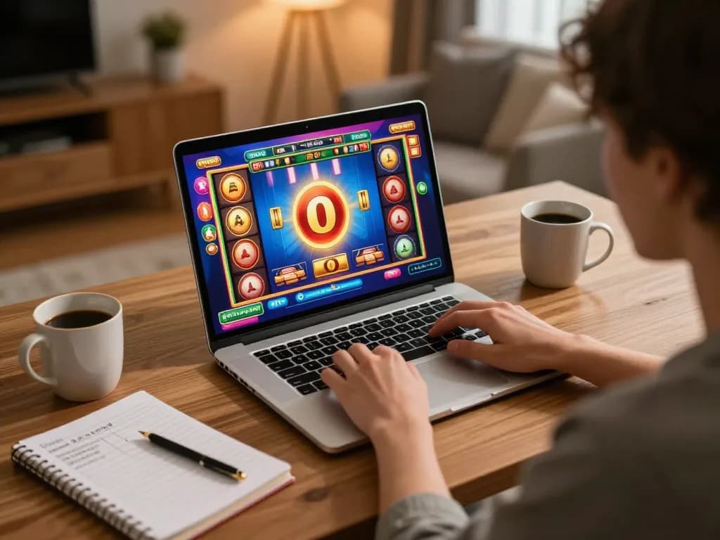 Player enjoying a winning session on 32win online casino, showcasing slots gameplay with strategy notes nearby
