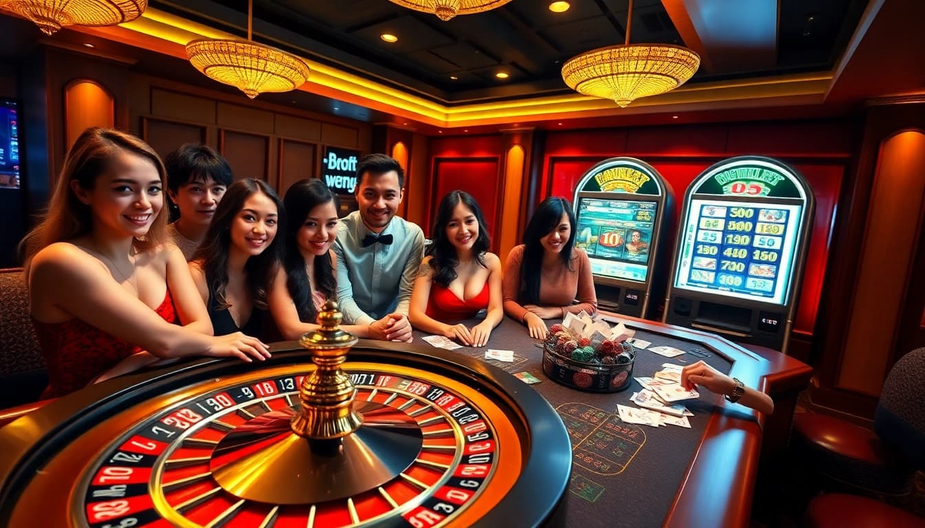 Engaging casino scene featuring a roulette wheel, poker chips, and cards related to Trang chủ LUCK8.