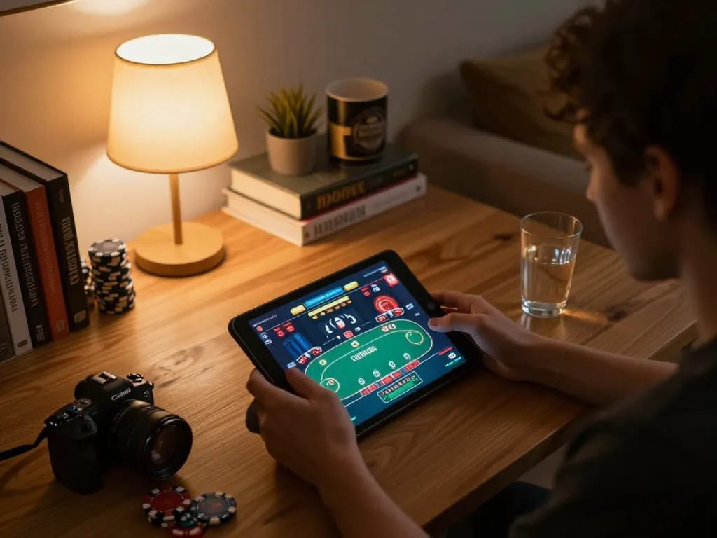 Player engaged in online gambling using tablet with vmax strategy, cozy home atmosphere.
