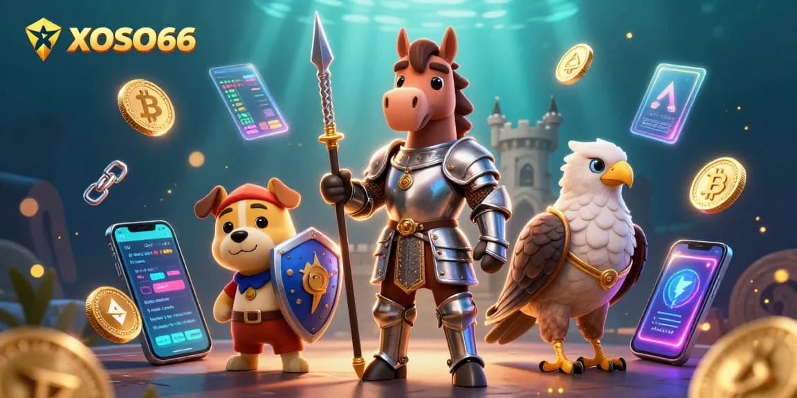 Engage in thrilling action with XOSO66, showcasing a medieval knight, puppy squire, and falcon amidst vibrant casino elements.