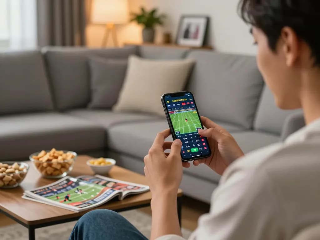 Engaged player using fly88 on mobile for live sports betting with excitement on a cozy sofa.