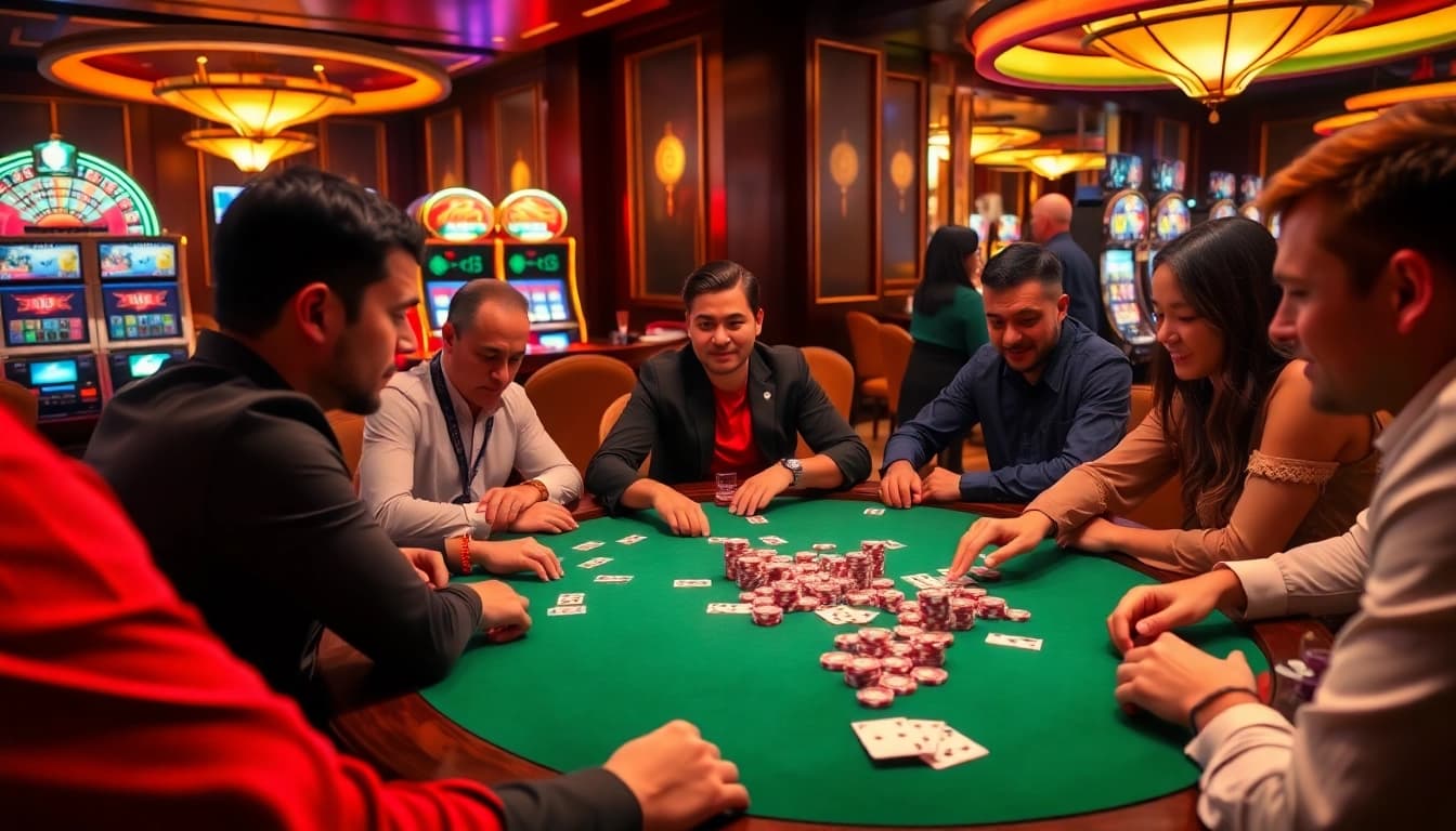 Experience the thrill of betting at e2bet with players engaged in high-stakes poker and vibrant casino elements.