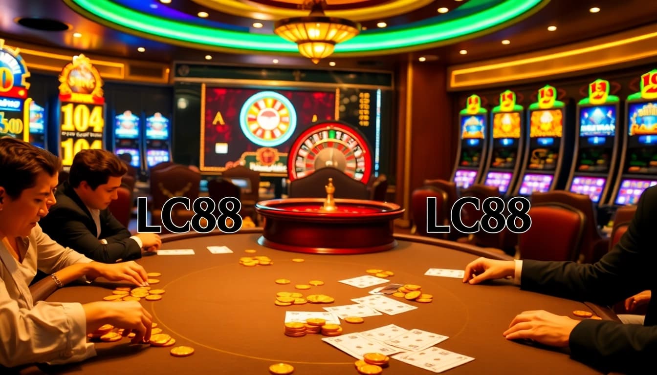 Excited players at an LC88 casino table betting on poker with vibrant slot machines behind.