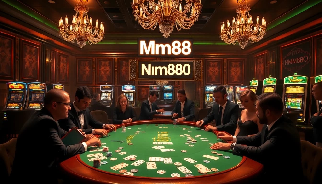 Players enjoy high-stakes poker at a casino table themed around Mm88.