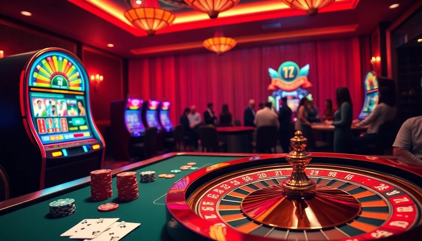 Experience luxury gambling at TG88 with poker chips, slot machines, and a spinning roulette wheel.