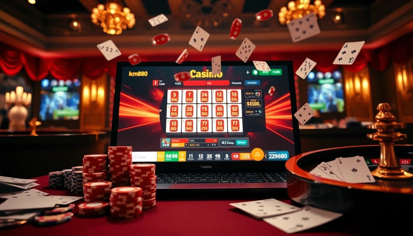 Engaging casino action at km888 featuring vibrant poker chips and a roulette wheel.