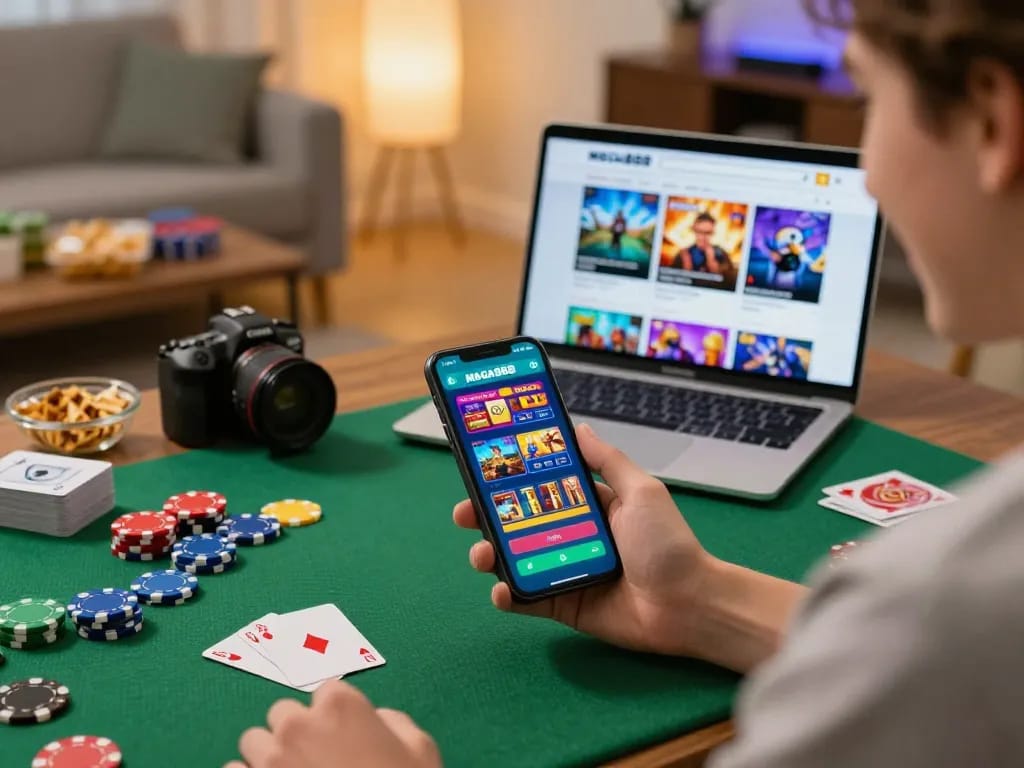 Engaging scene showing a player using the apk mega888 on a smartphone in a cozy gaming setup.