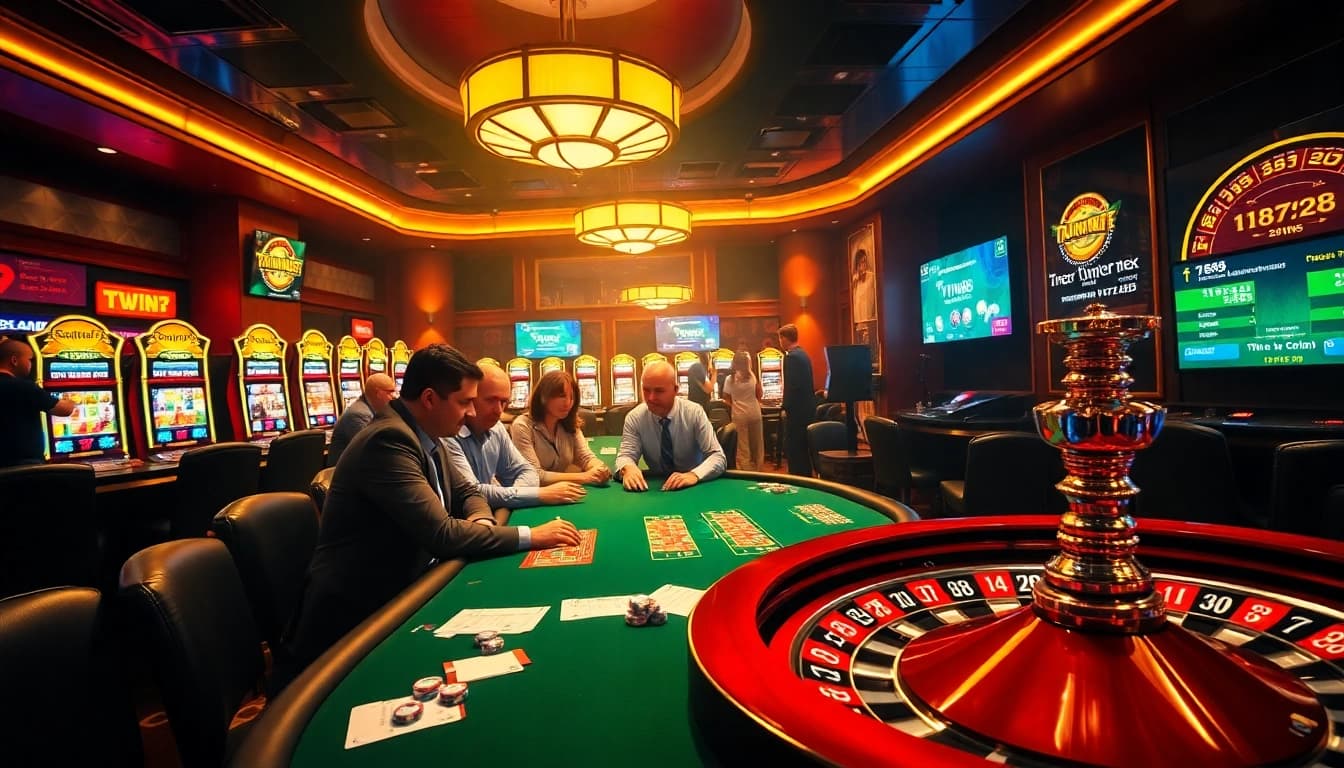 Engage in thrilling gaming experiences at TWIN68 with poker tables and vibrant slot machines.