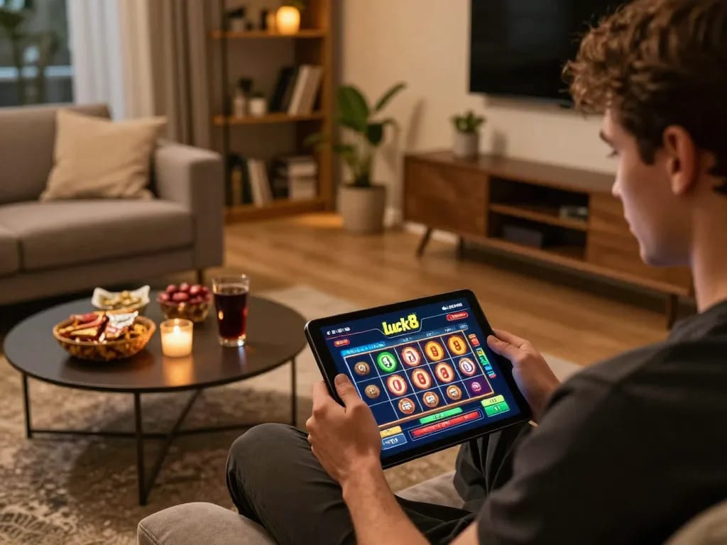 Player engaging with the Luck8 casino app in a cozy home environment, showcasing online gaming strategy