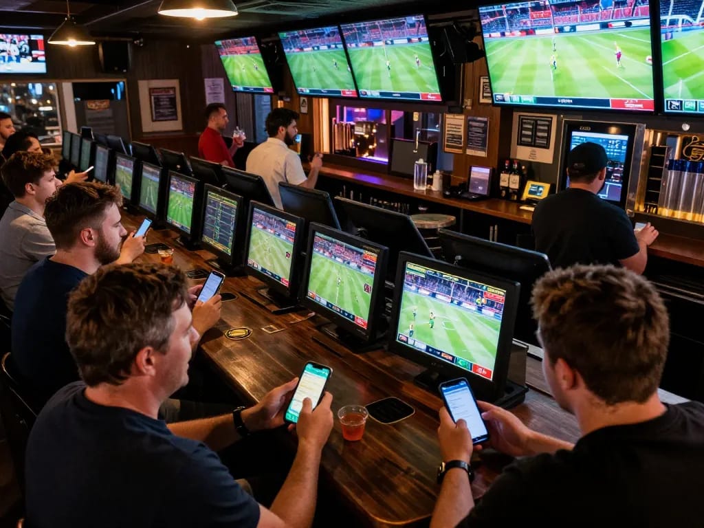 Bong88 users placing bets during live sports events in a lively sports bar.