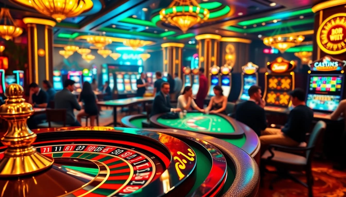 A vibrant casino scene with diverse players enjoying games at https://mtr888.com/, featuring roulette, poker, and slot machines.