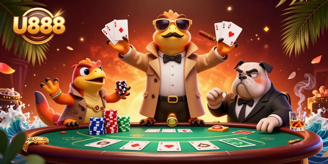 Experience U888 vibes with cartoon raptors in a casino scene mixing poker chips and cocktails.