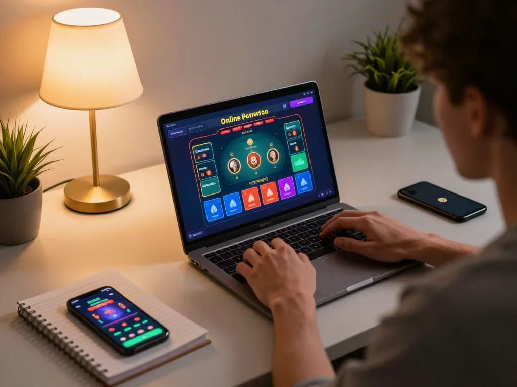 HM88 user engaging in online poker gameplay at a stylish home office with laptop and strategy notes.