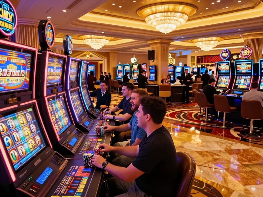 Players enjoy exciting gk88 slot machines with vibrant visuals and engaging reels during casino night.