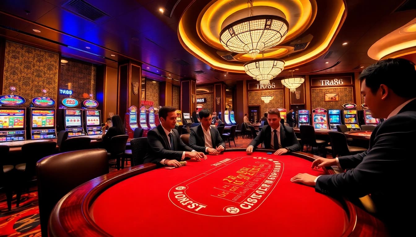 tr88 players enjoying a vibrant casino atmosphere with blackjack tables and roulette wheels.