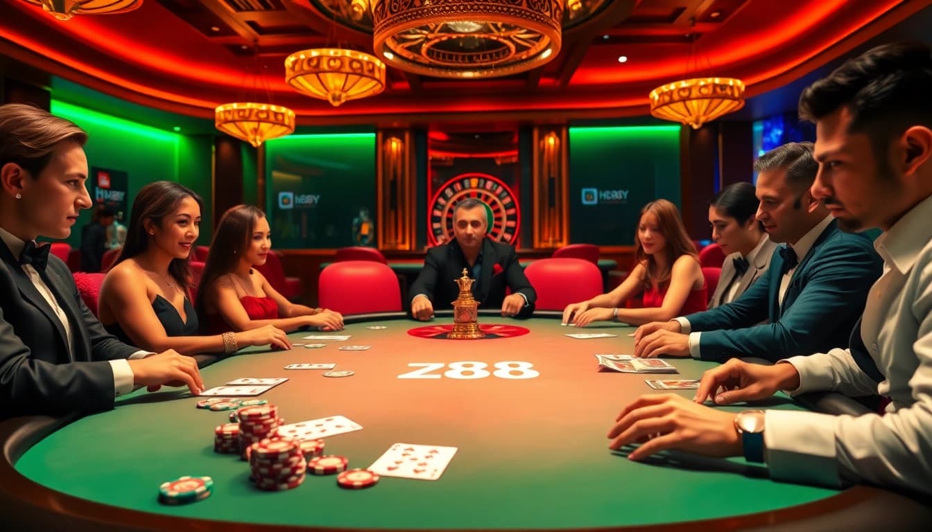 Players at the HZ88 poker table engage in competitive card games.
