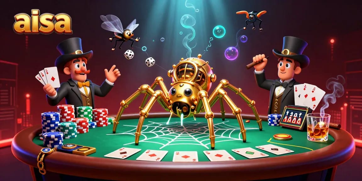 Aisa's steampunk spider captures bad luck dice in an elaborate casino web.