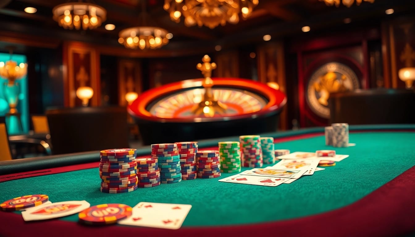 Dynamic poker action at MMOO casino with colorful chips and roulette excitement.