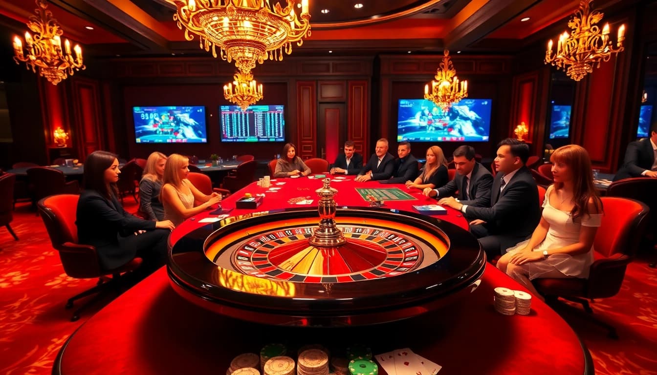 Experience the thrill of gaming at https://jtg88.com/ with an elegant casino scene filled with roulette and excited players.