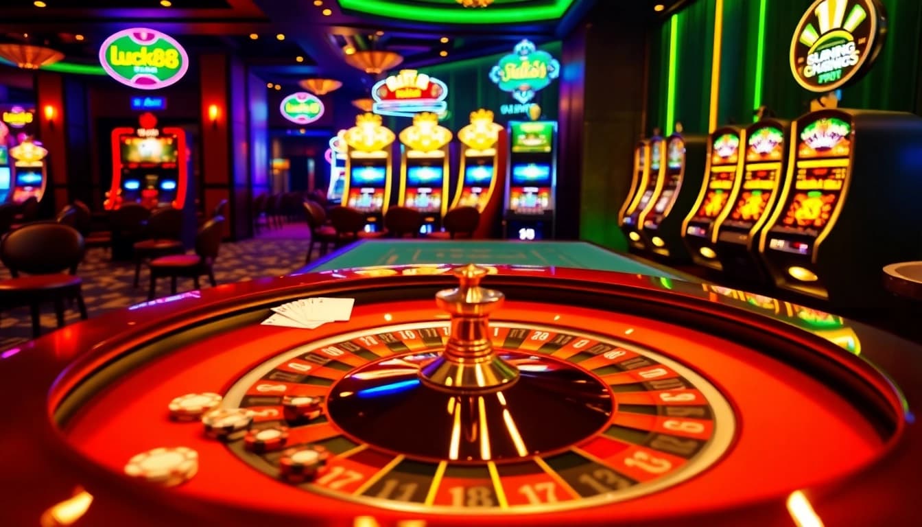 Experience the thrill of luck8 at a luxurious casino table with roulette and poker chips.