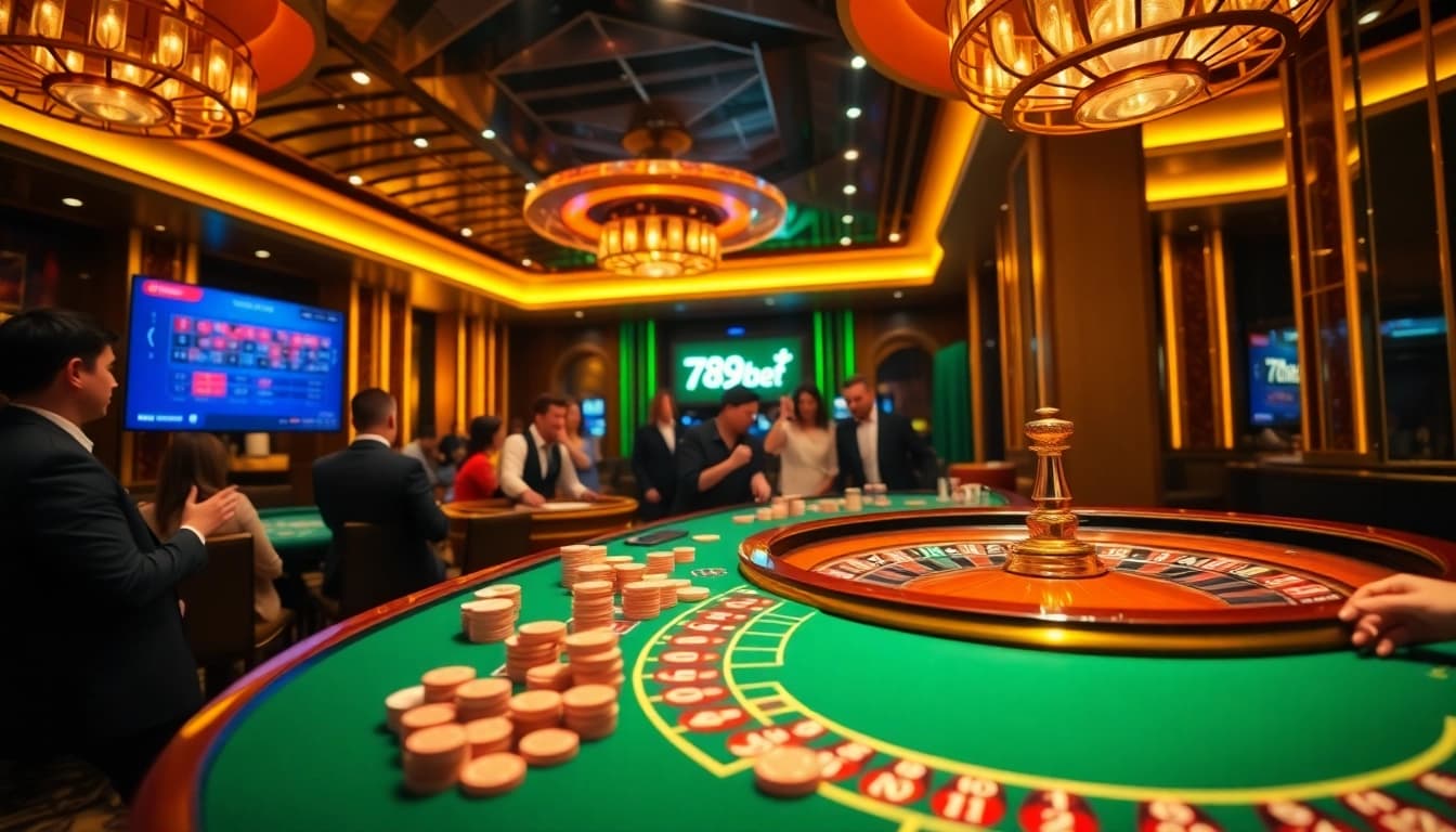 Play at a vibrant 789BET casino table featuring cards and chips in an exciting gaming atmosphere.
