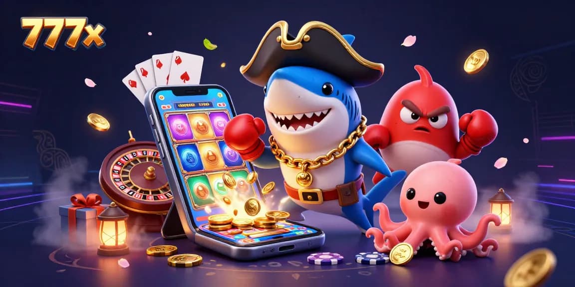 Experience the excitement of 777x with a vibrant casino scene featuring treasure-filled characters and dynamic game elements.