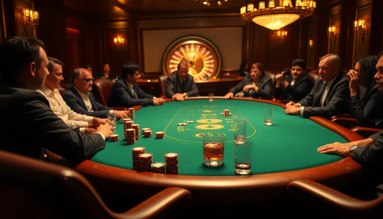 A high-stakes poker table scene at https://e2bet-games.org with diverse players and luxury elements.