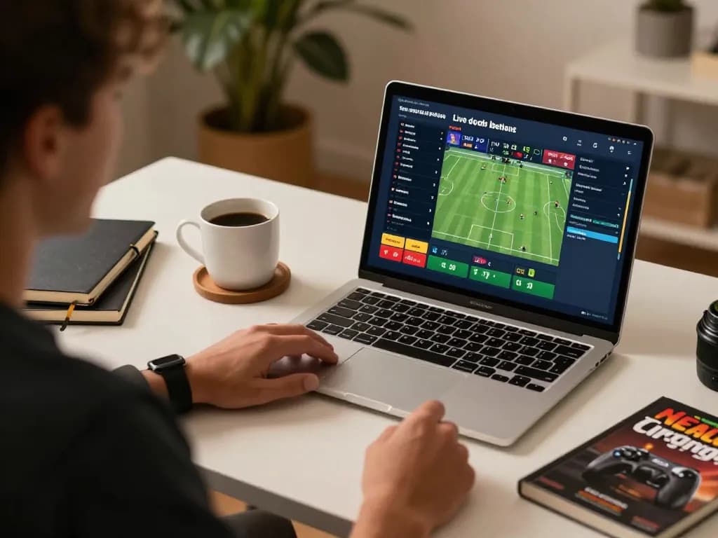 Engaging in sports betting through nk88 on a sleek laptop setup, showcasing live odds.