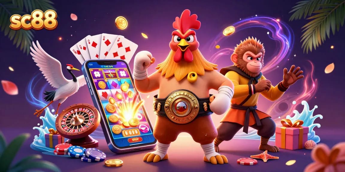 Engage in thrilling casino action with SC88's vibrant, 3D illustrated showdown featuring lucky characters.