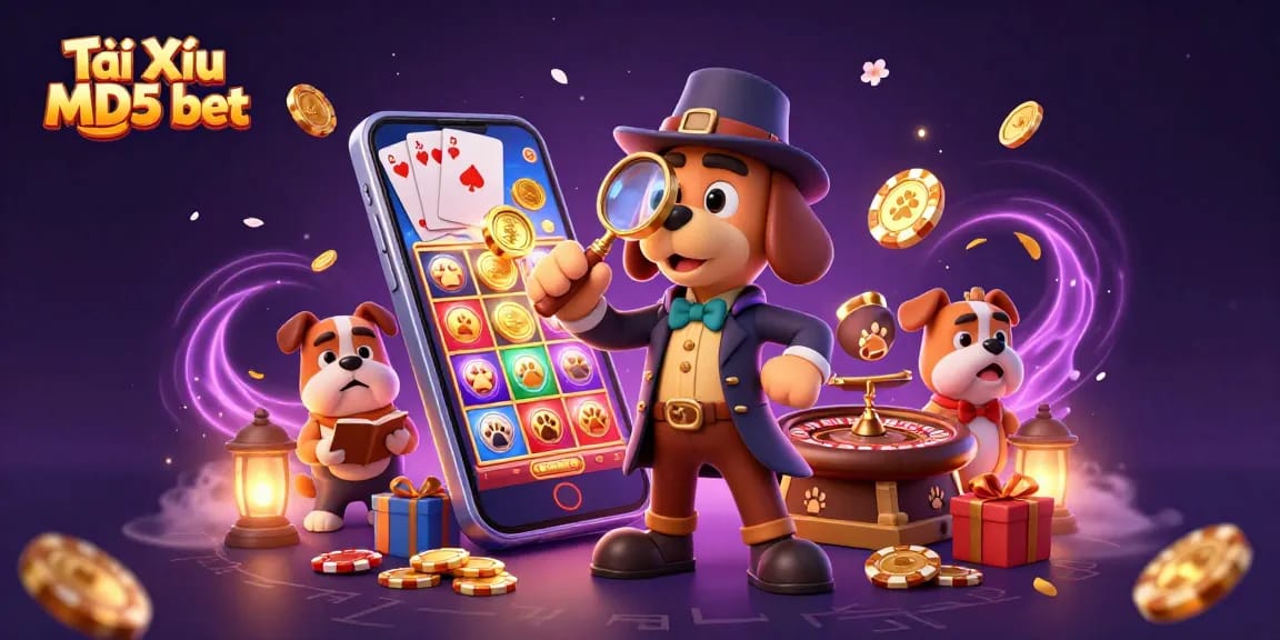 Tài Xỉu MD5 bet reveals a detective examining poker chips amidst a vibrant casino scene.