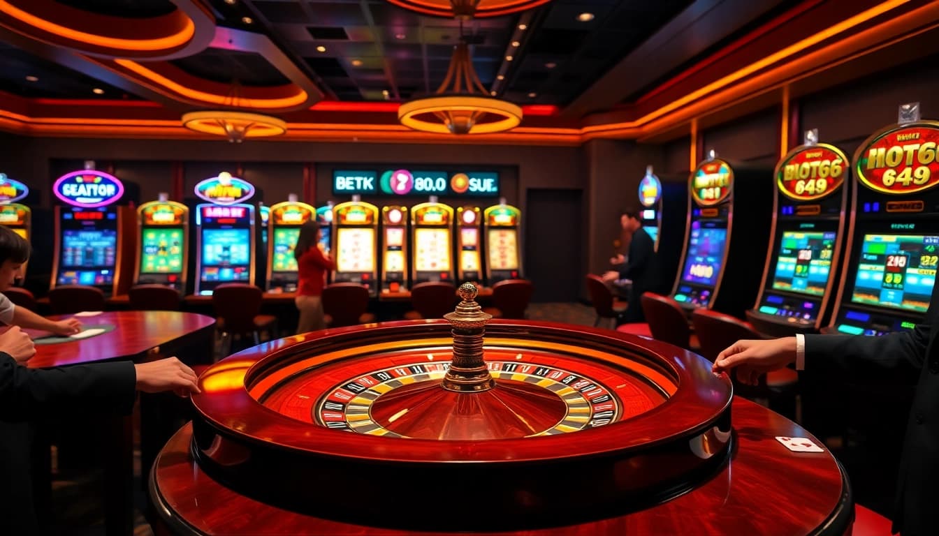 Experience the thrill of BDTK66 at a luxurious casino with vibrant tables and playful gamblers.