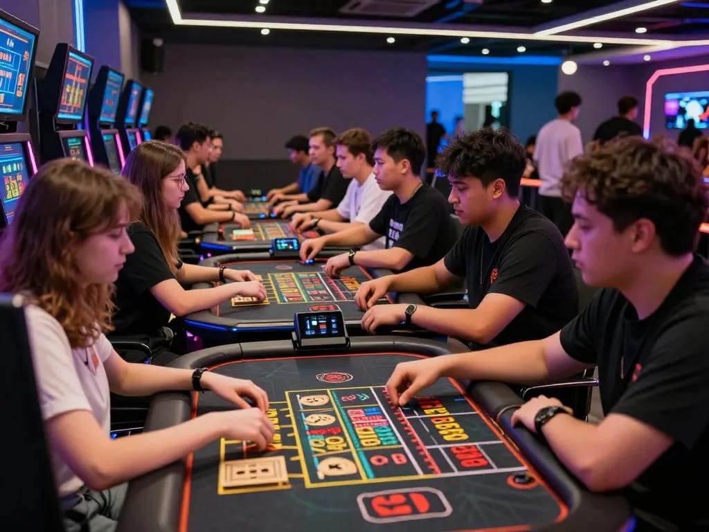 Sunwin gaming lounge scene with players enjoying thrilling betting experience in a vibrant environment.