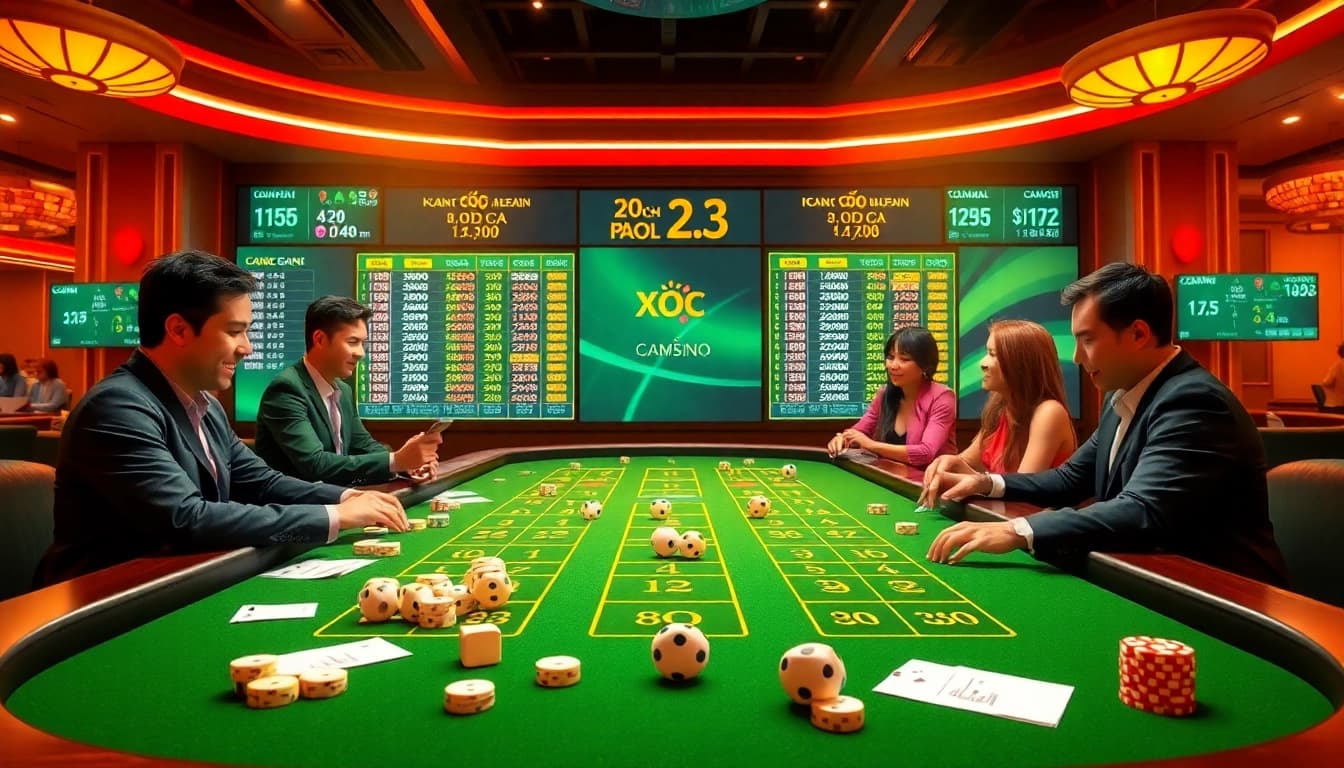 Xóc đĩa online gameplay with vibrant betting chips and dynamic casino atmosphere.