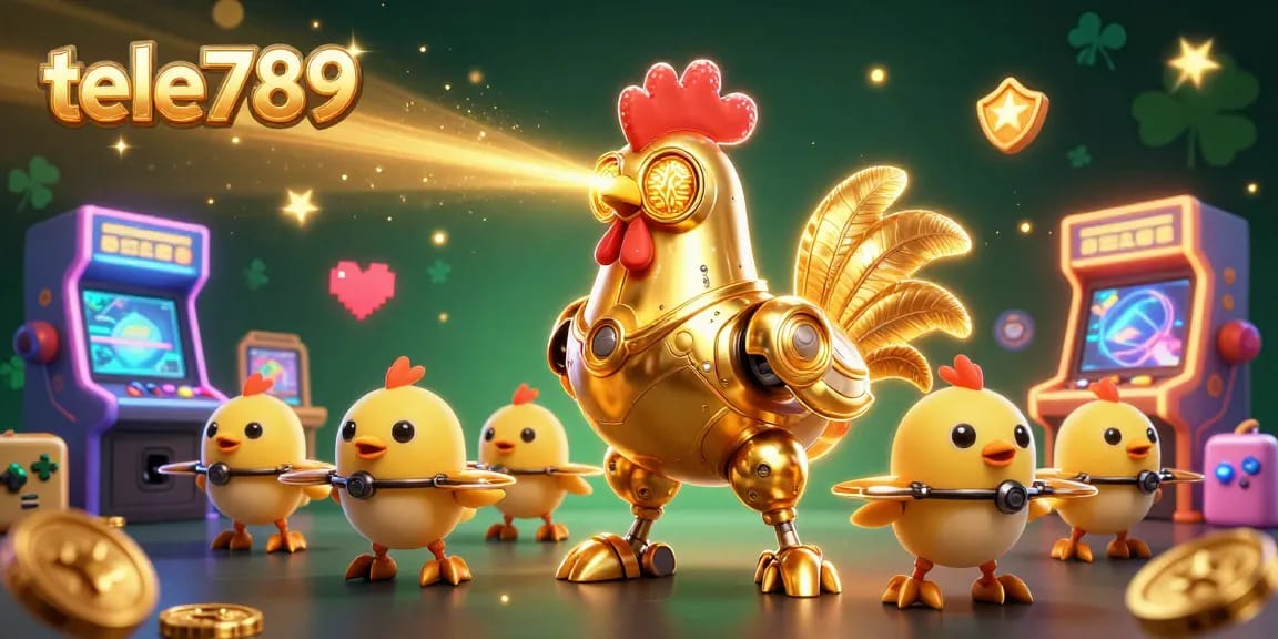 Experience thrilling gameplay at tele789 with a golden rooster robot and baby chick drones.