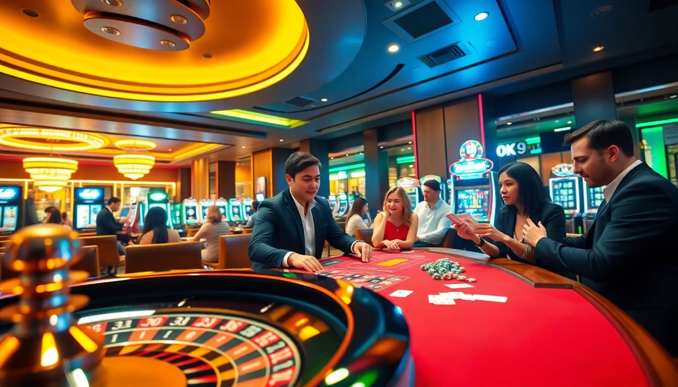 Players enjoying an exhilarating gaming experience at an OK9 casino table with a lively atmosphere.