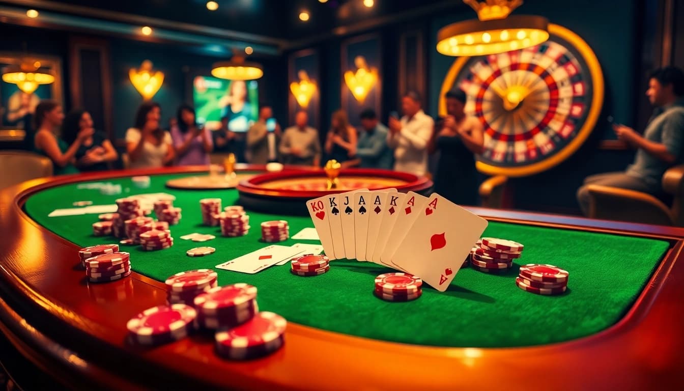 Hit Club gaming table with poker chips and cards, capturing the thrill of online gambling.