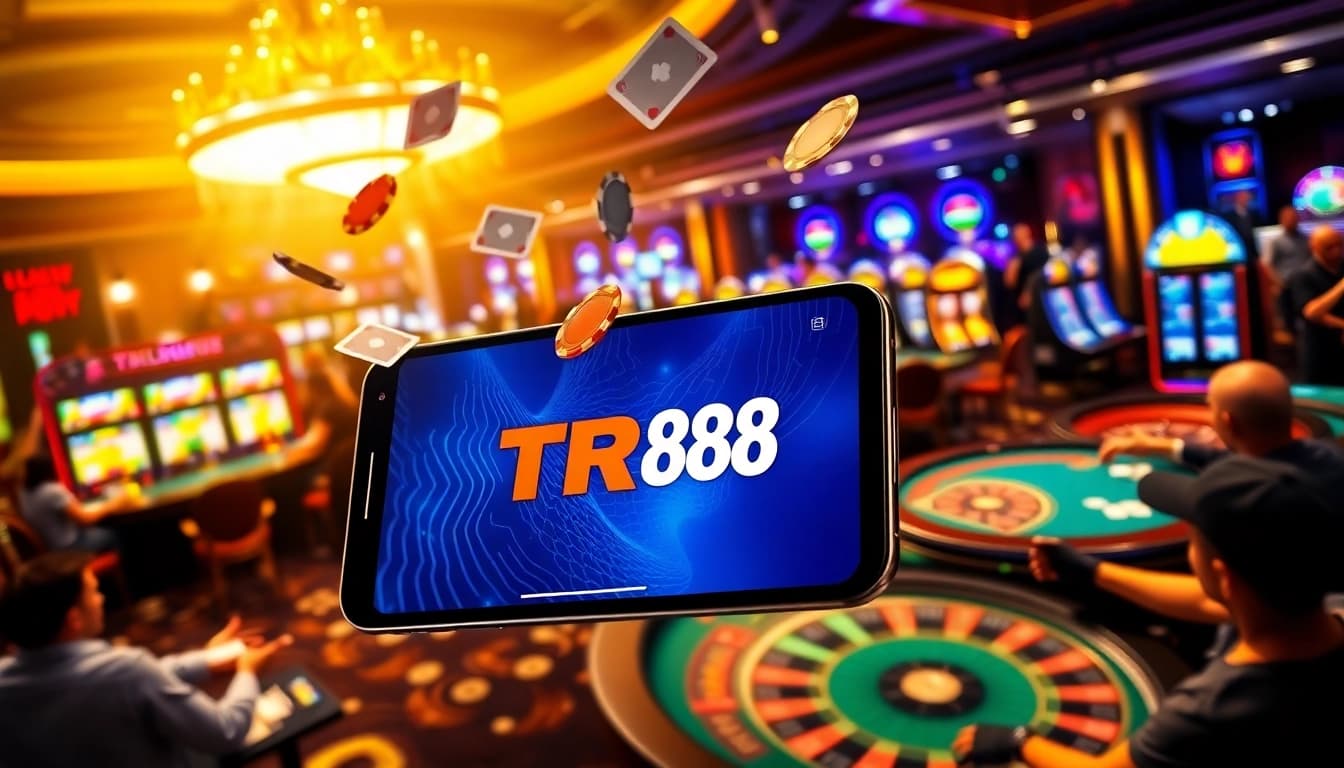 Players enjoying various games while using the TR88 app at a luxurious casino.