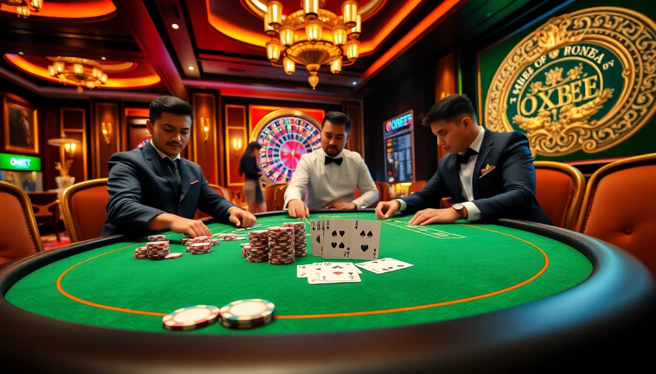 Experience excitement at an OXBET poker table with vibrant chips and cards in a luxurious casino setting.