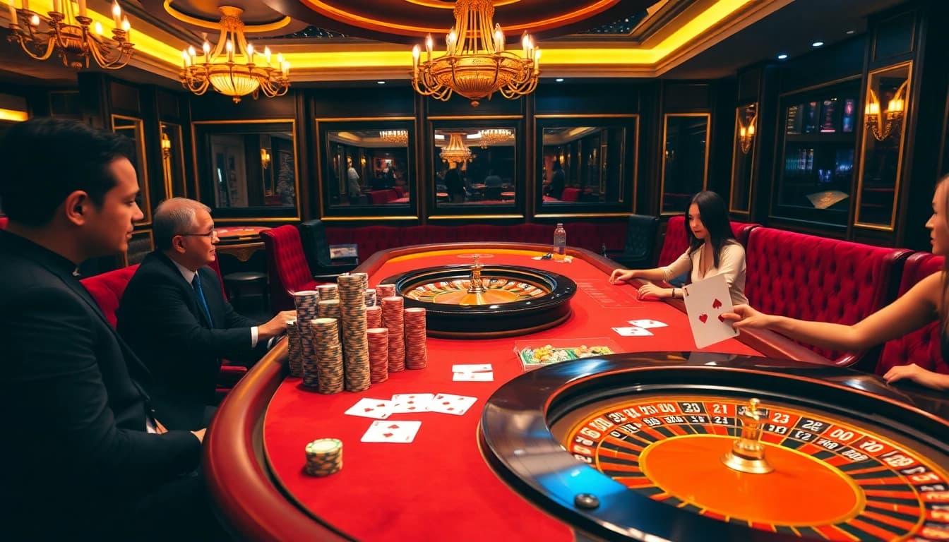 Engaging players at an RR88 game table with exciting poker chips and cards.