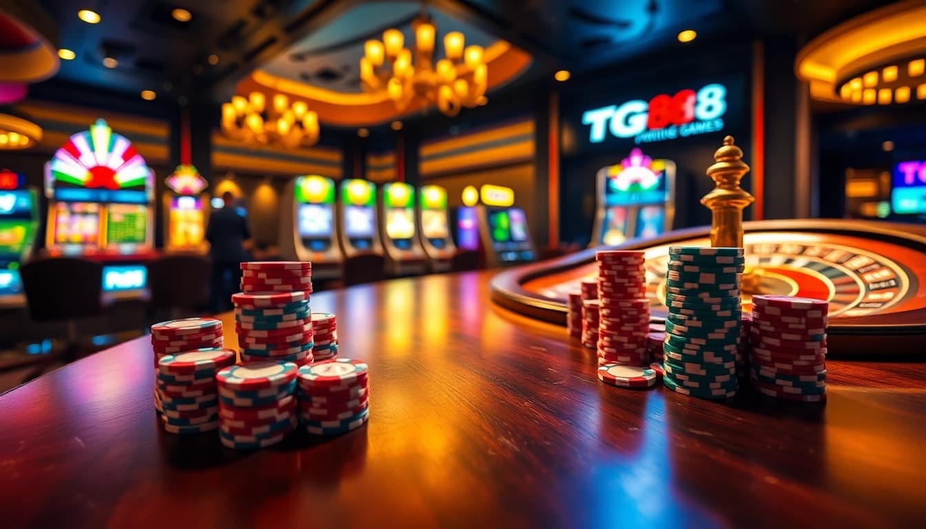 TG88 casino scene featuring poker chips, roulette, and slot machines in a luxurious environment.