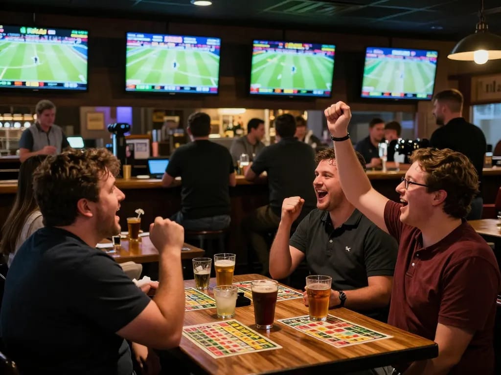 Engaged sports bettors enjoying the nowgoal experience while analyzing betting slips in a lively sports bar atmosphere