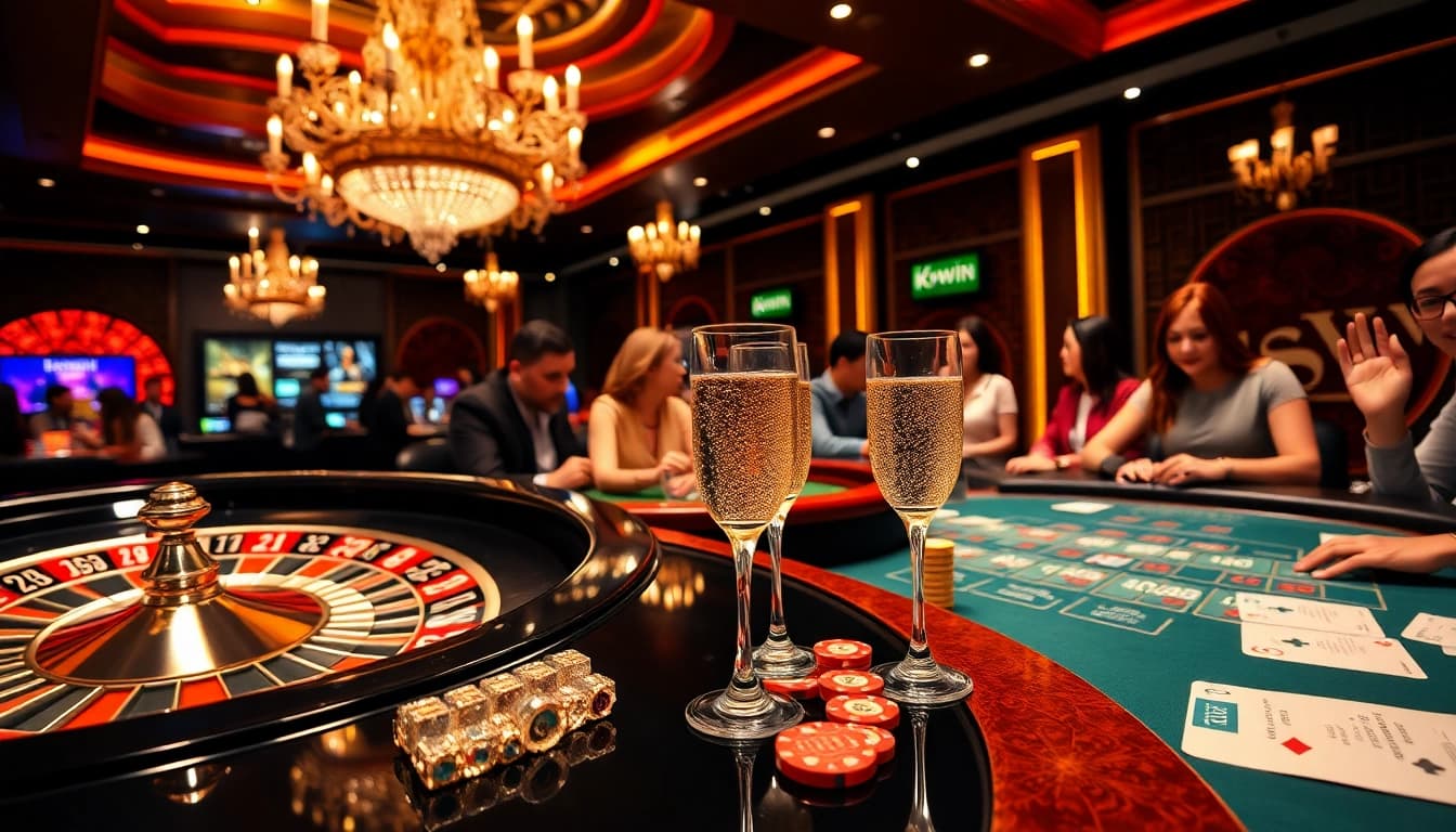 Experience kkwin luxury at a lively casino with roulette, blackjack, and sparkling poker chips.