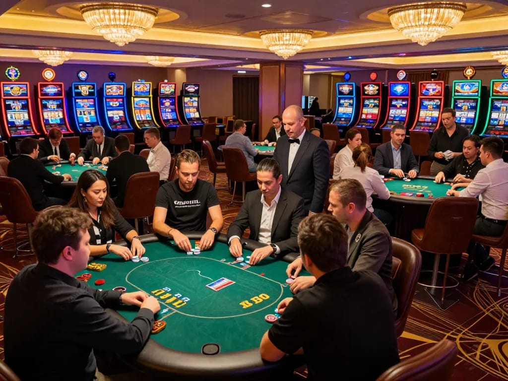 Experienced players engaging at a Go8 casino table, showcasing vibrant gameplay in a stylish atmosphere