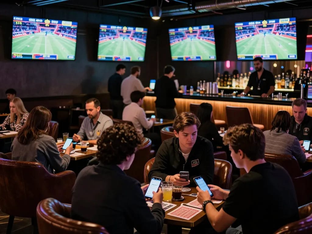 Enjoying kèo nhà cái excitement in a lively sports betting lounge with fans analyzing odds