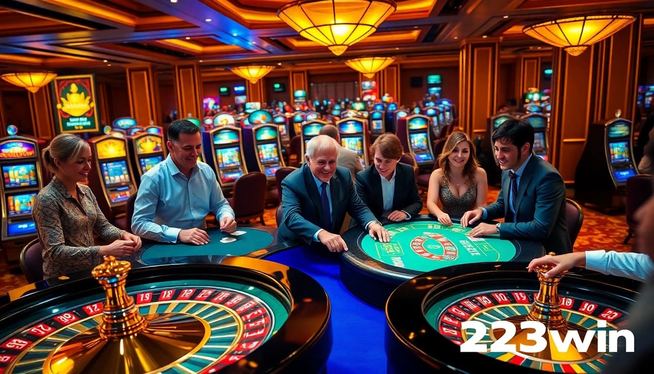 Engage with exciting casino games at 23win showcasing vibrant tables and joyful players.