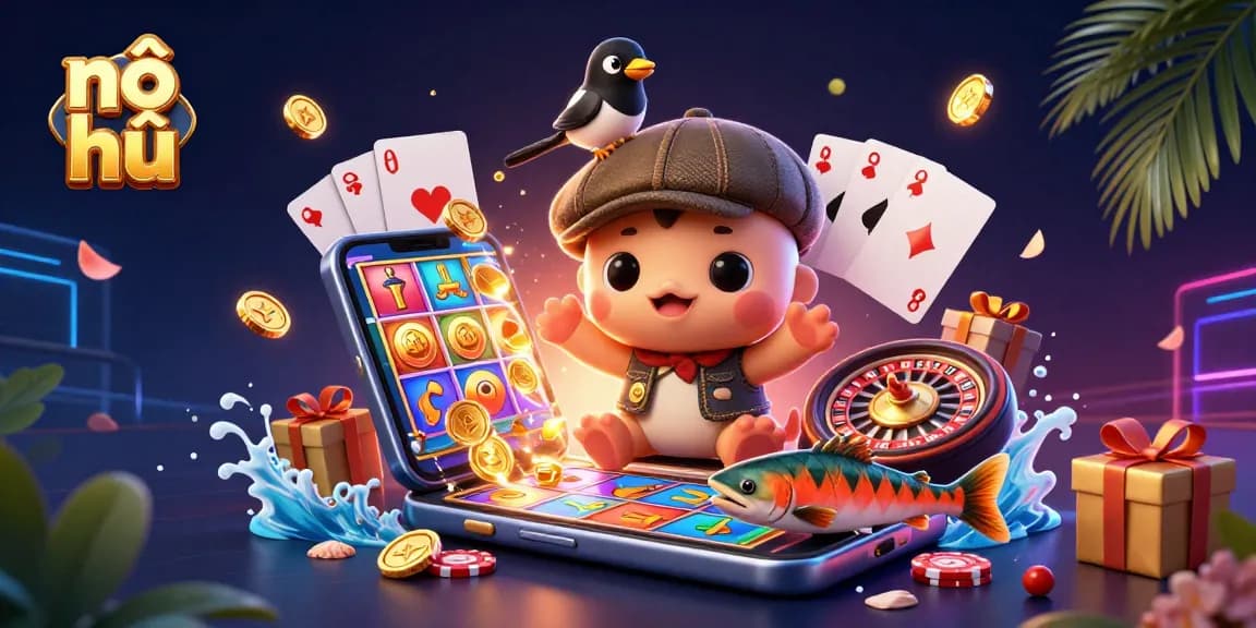 Nổ hũ showcases a vibrant, playful scene with cartoon characters, slot games, and casino elements.