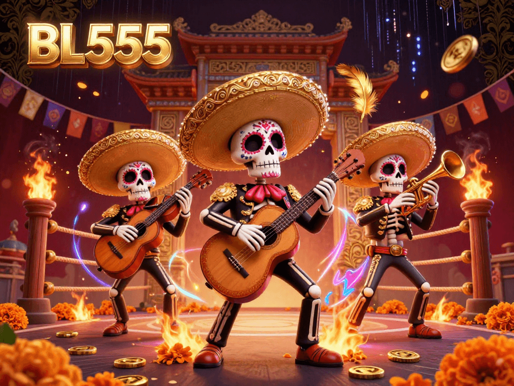 Experience the dynamic energy of BL555 with a vibrant 3D illustration showcasing a mariachi band amidst a colorful casino atmosphere.