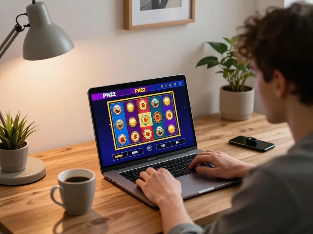 Player enjoying PH22 online casino app in a cozy home office